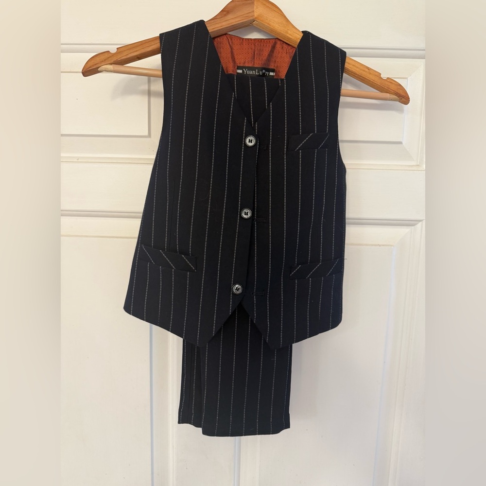 Yuan Lu Boys Size 7 Black Pinstripe Vest and Pants Set- Formal Dress Clothes